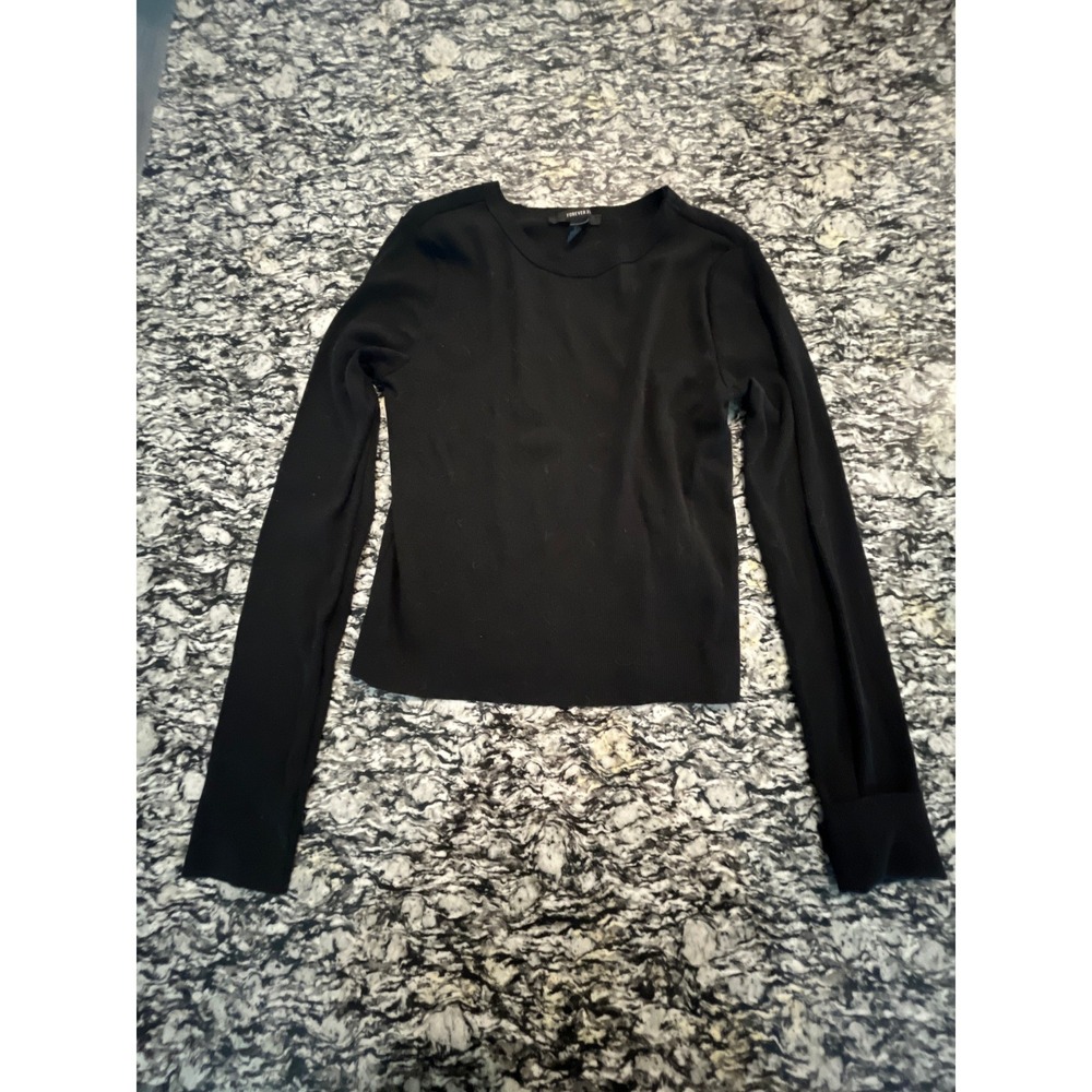 Forever 21 Womens Small Black Ribbed Knit Long Sleeve Crew Neck Top